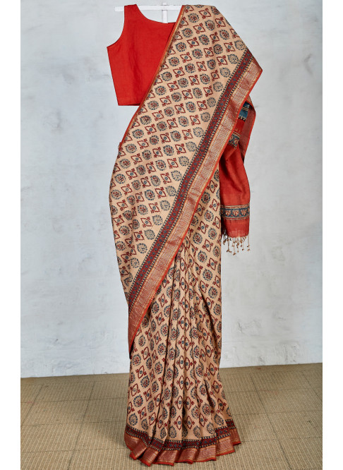 Beige & Red, Handwoven Organic Cotton, Textured Weave , Natural dye, Hand block printed, Occasion Wear, Jari, Ajrakh Saree